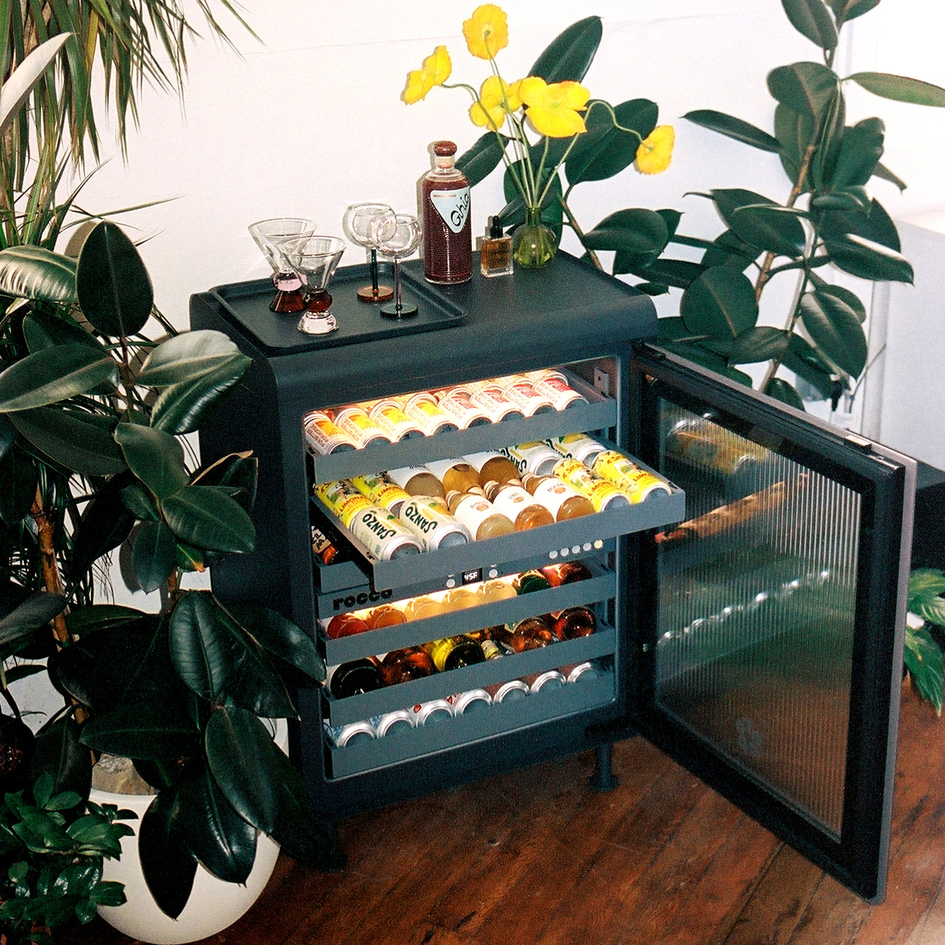 Opened Graphite Rocco fridge in a living room next to plants.
